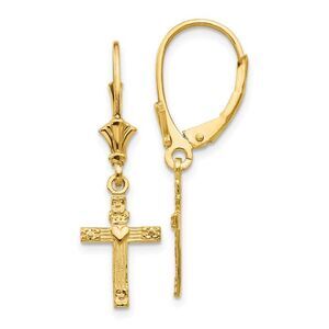13mm Textured Cross with Heart Lever Back Earrings in 14k Yellow Gold
